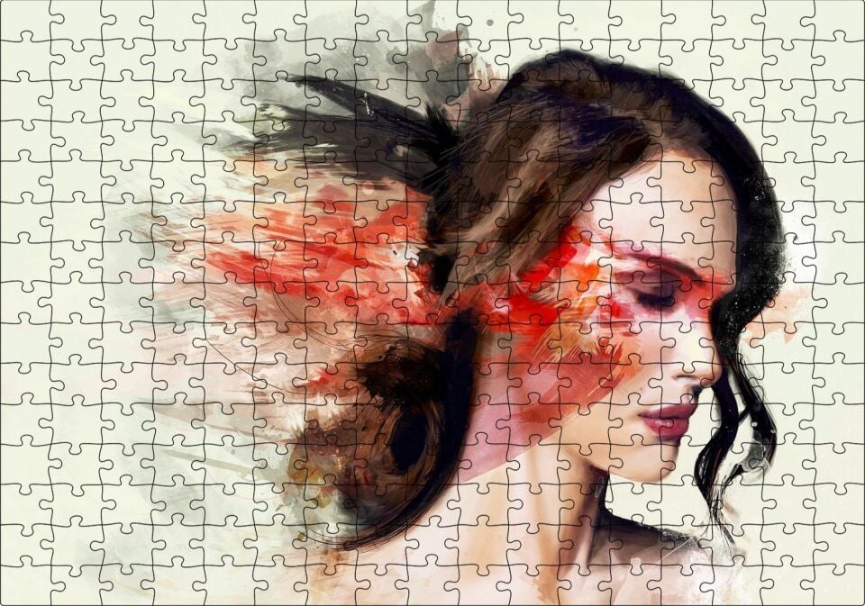 Kadın ve Renkli Fırça Darbeleri Puzzle Yapboz MDF Ahşap 255 Parça 34 cm X 49 cm