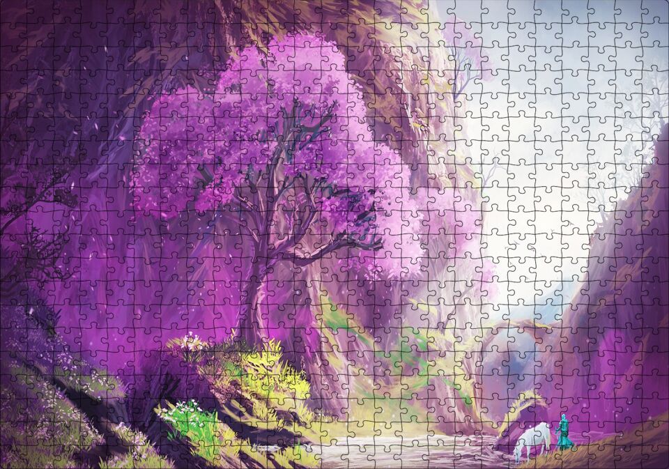 Su Kenarındaki Beyaz Atlı ve Dev Mor Ağaç Puzzle Yapboz MDF Ahşap 500 Parça 49 cm X 68 cm