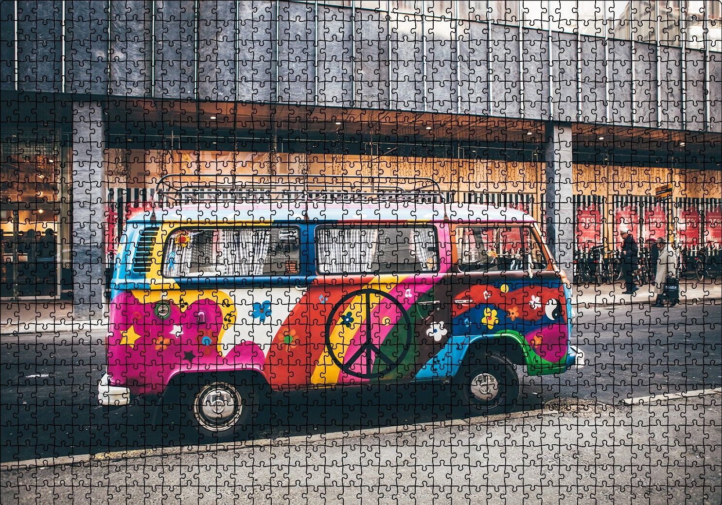Hippi Tarzı Süslenmiş Volkswagen Minibüs Puzzle Yapboz MDF Ahşap 1000 Parça 49 cm X 68 cm