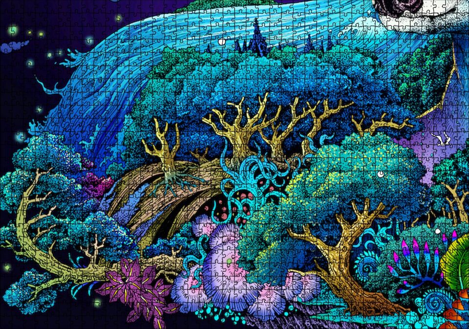 Mavi Mor Temalı Tabiat Puzzle Yapboz MDF Ahşap 1000 Parça 49 cm X 68 cm