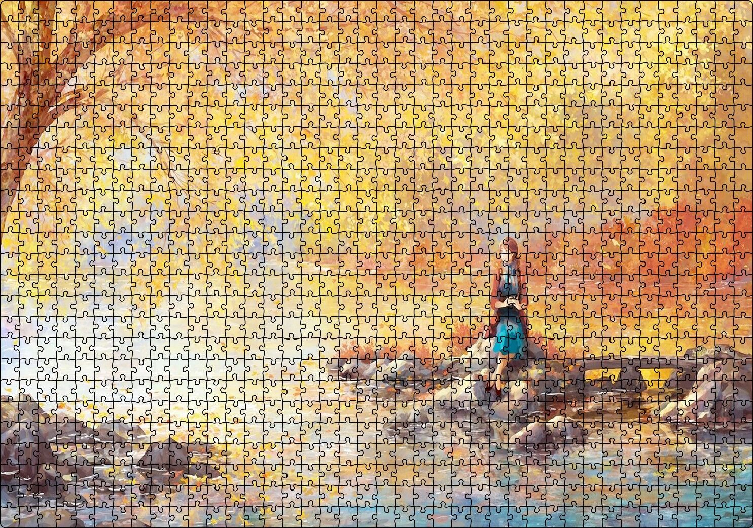 Yağlı Boya Sonbaharda Gölde Bekleyen Kız Görseli Puzzle Yapboz MDF Ahşap 1000 Parça 49 cm X 68 cm