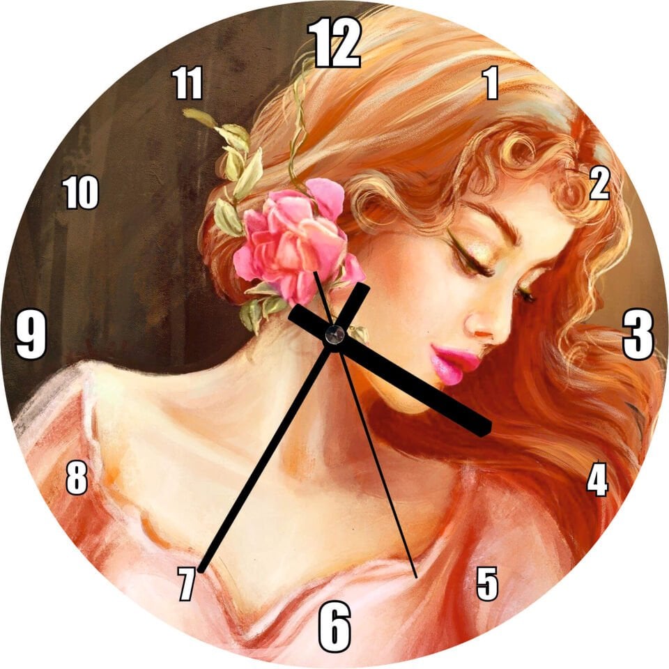 Pembe Çiçekli Bakır Saçlı Kadın Mdf Ahşap Duvar Saati