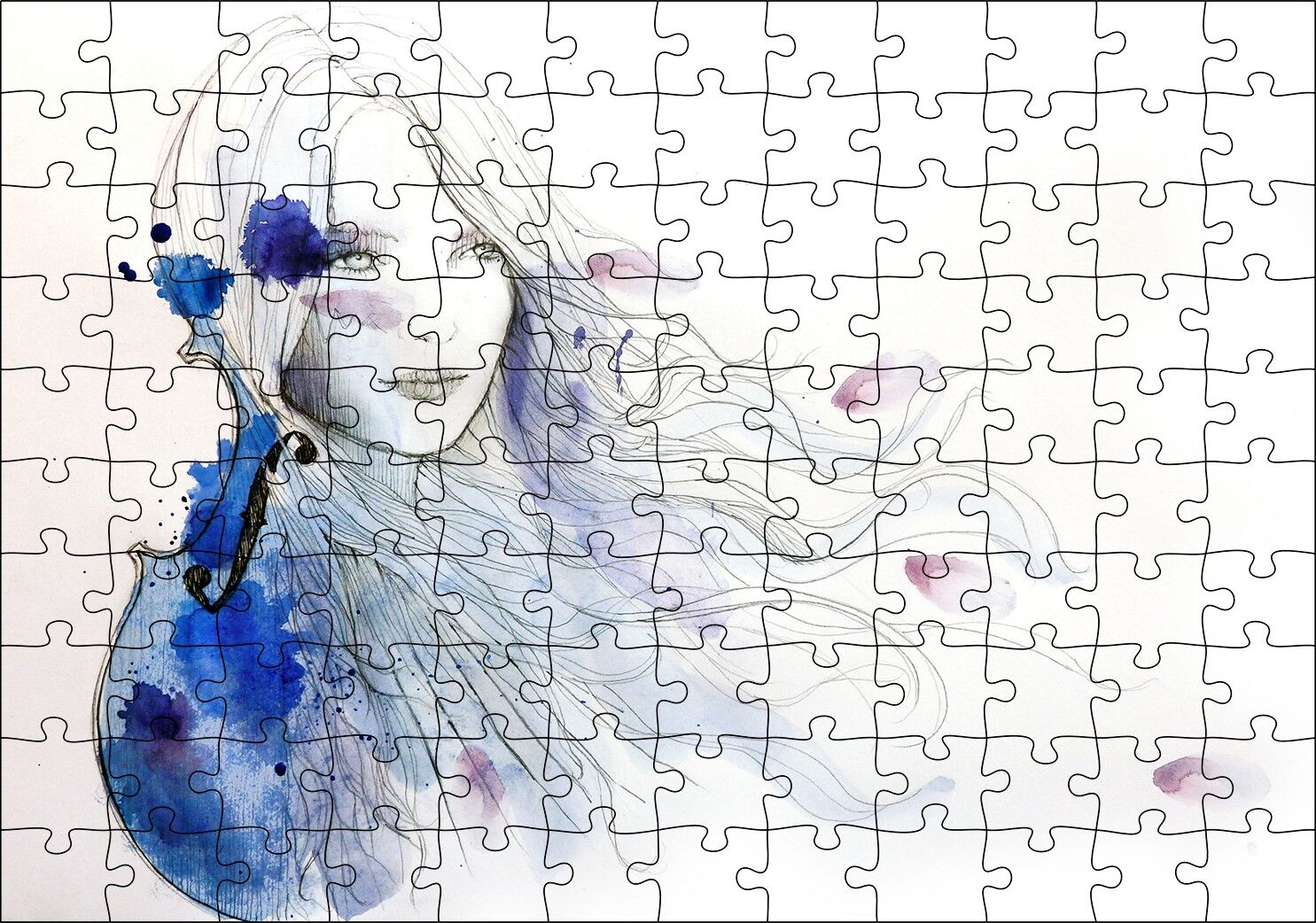 Suluboya Efekt Uzun Saçlı Kız ve Keman Puzzle Yapboz MDF Ahşap 120 Parça 24 cm X 34 cm