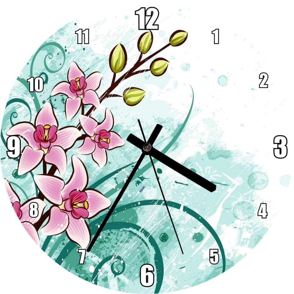 Pembe Çiçekler Yeşil Tohumlar ve Flu Desenler Mdf Ahşap Duvar Saati