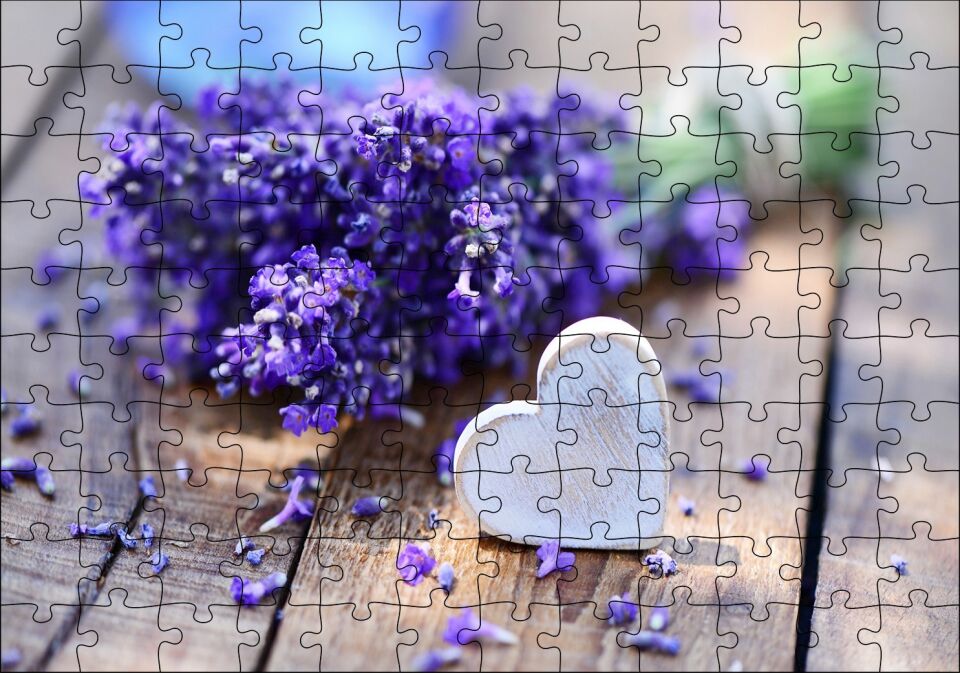 Masada Buket Lavanta ve Tahta Kalp Puzzle Yapboz MDF Ahşap