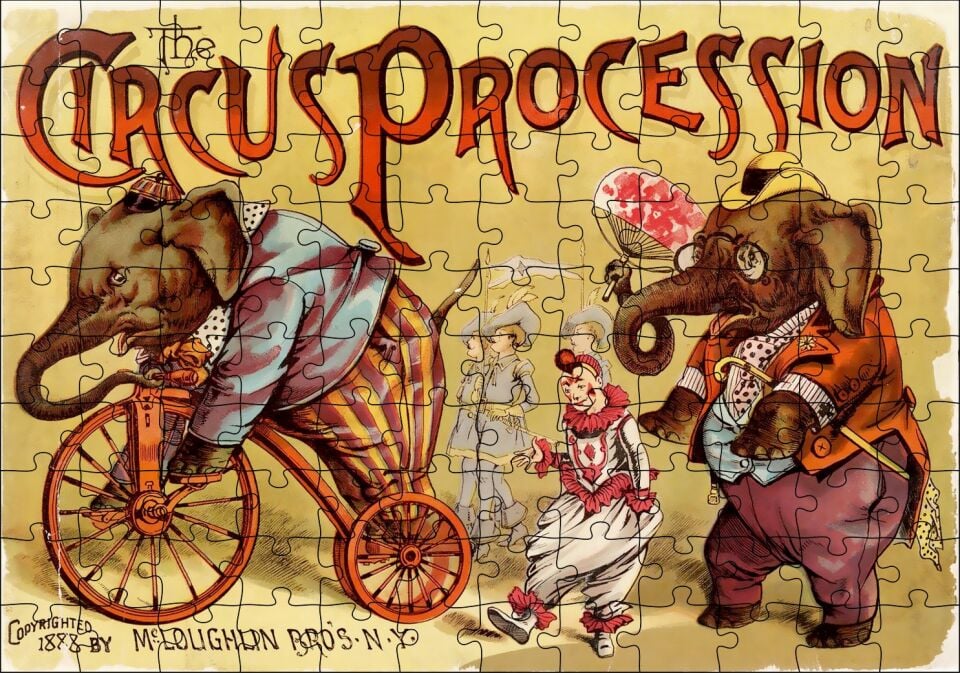 Sirkte Filler ve Palyaçolar Retro Tablo Puzzle Yapboz MDF Ahşap