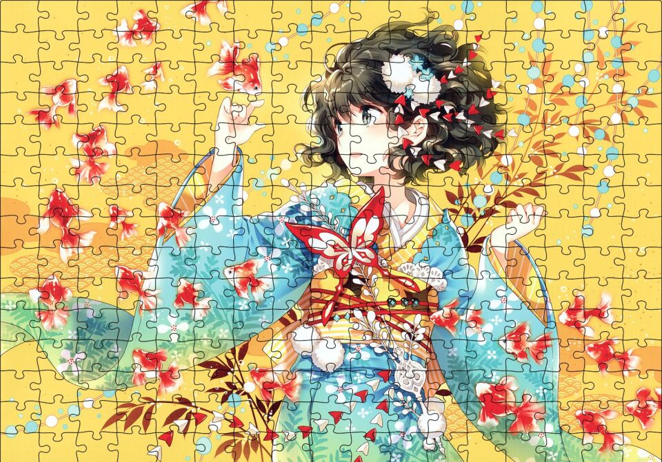 Anime Kimonolu Kız ve Japon Balıkları Puzzle Yapboz MDF Ahşap 255 Parça 34 cm X 49 cm