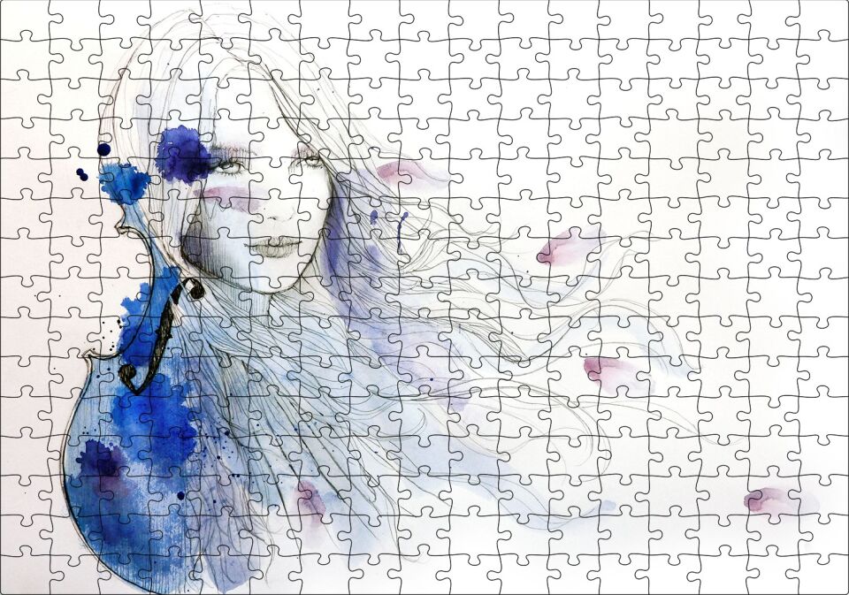 Suluboya Efekt Uzun Saçlı Kız ve Keman Puzzle Yapboz MDF Ahşap 255 Parça 34 cm X 49 cm
