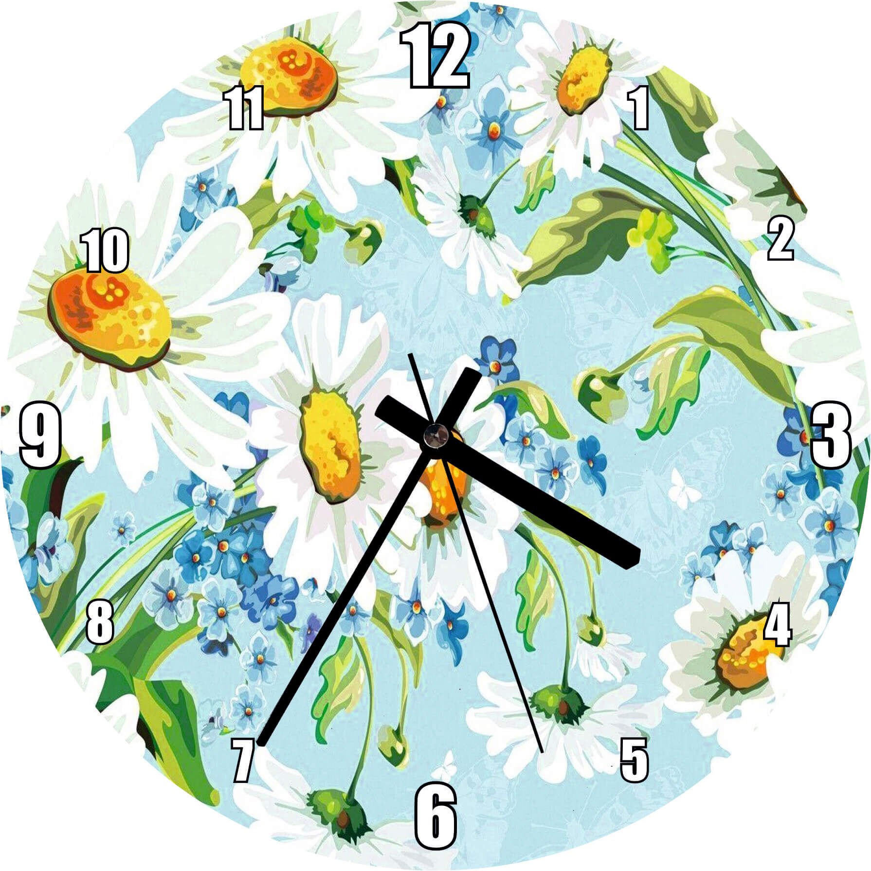 Papatyalar ve Menekşeler Dijital Çizim Mdf Ahşap Duvar Saati