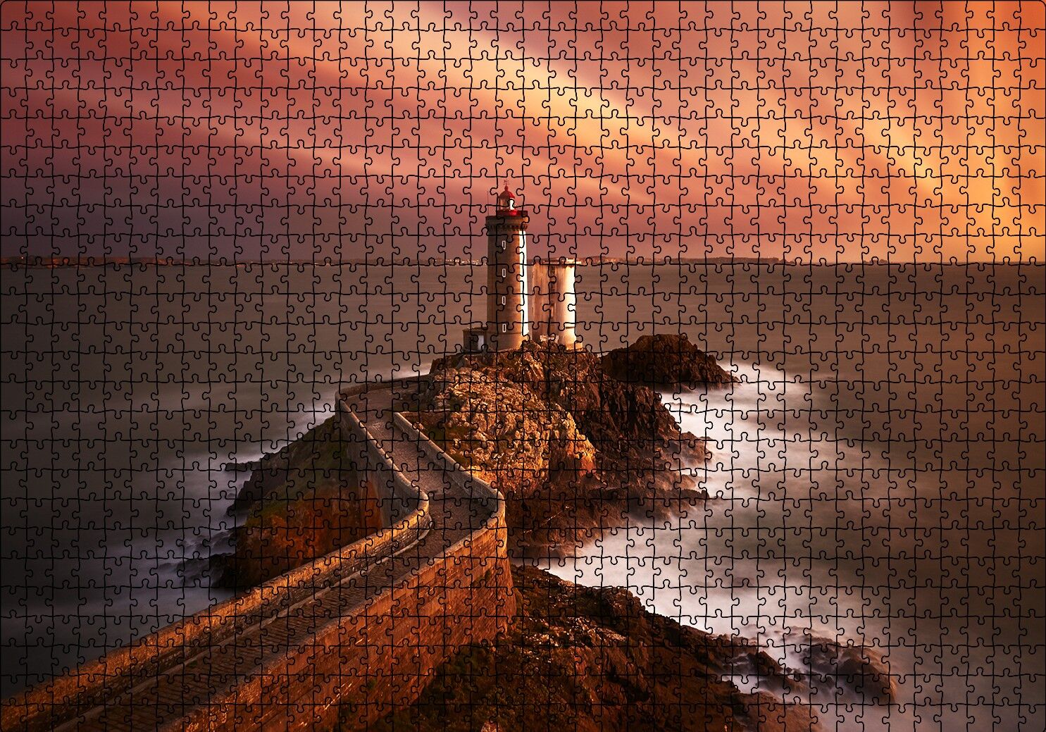 Günbatımında Kayalıklar ve Deniz Feneri Puzzle Yapboz MDF Ahşap 1000 Parça 49 cm X 68 cm