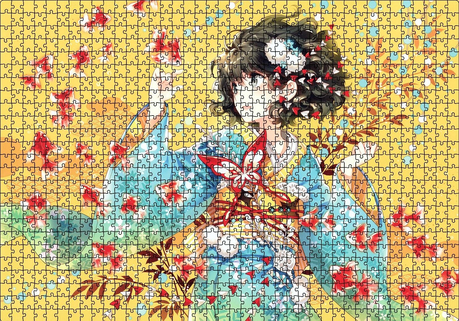 Anime Kimonolu Kız ve Japon Balıkları Puzzle Yapboz MDF Ahşap 1000 Parça 49 cm X 68 cm
