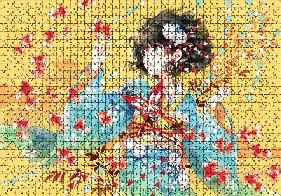 Anime Kimonolu Kız ve Japon Balıkları Puzzle Yapboz MDF Ahşap 1000 Parça 49 cm X 68 cm