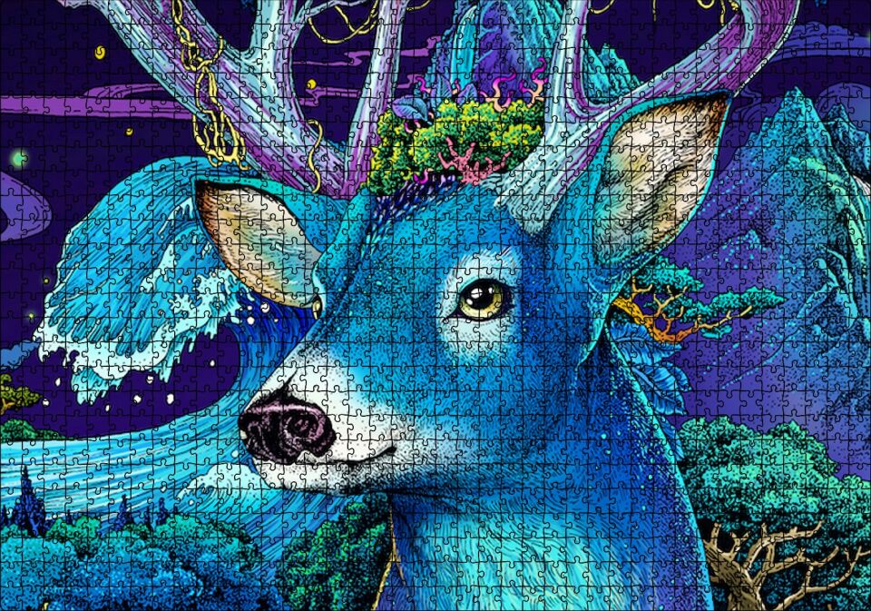 Mavi Temalı Geyik Yakın Plan Puzzle Yapboz MDF Ahşap 1000 Parça 49 cm X 68 cm