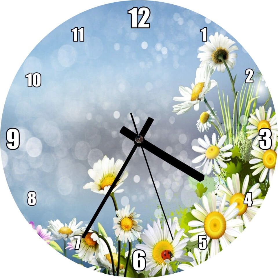 Papatyalar Flu Arkaplan Mdf Ahşap Duvar Saati