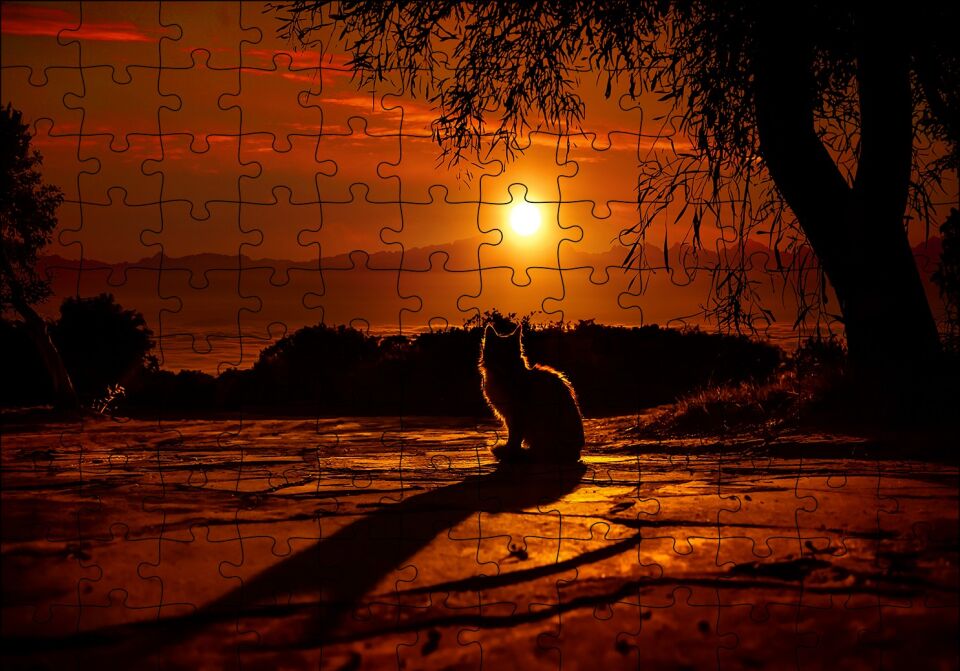 Günbatımında Kedi Silüeti Puzzle Yapboz MDF Ahşap 120 Parça 24 cm X 34 cm
