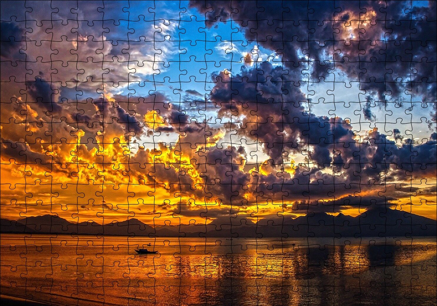 Gün Batımı Doğa Tekne Puzzle Yapboz MDF Ahşap 255 Parça 34 cm X 49 cm