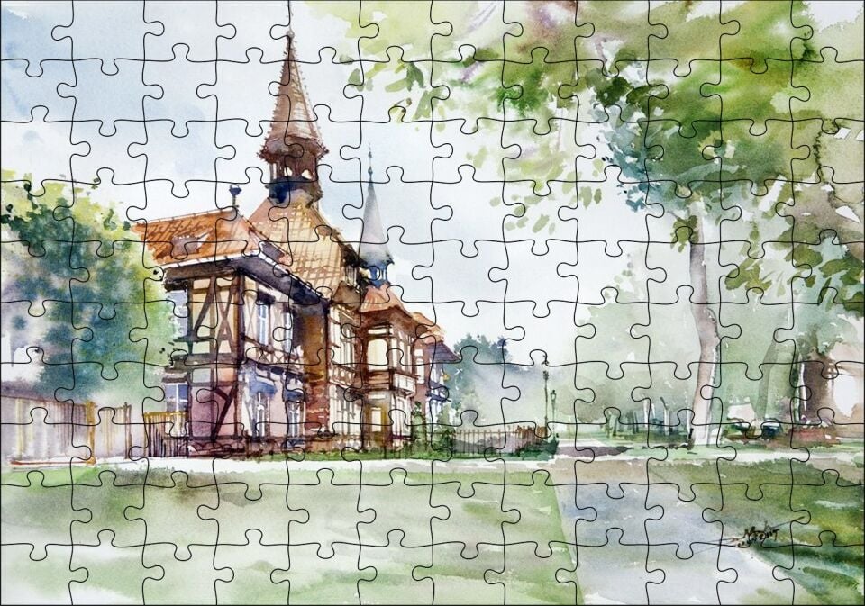 Suluboya Efekt Binalar ve Ağaçlar Çizim Puzzle Yapboz MDF Ahşap