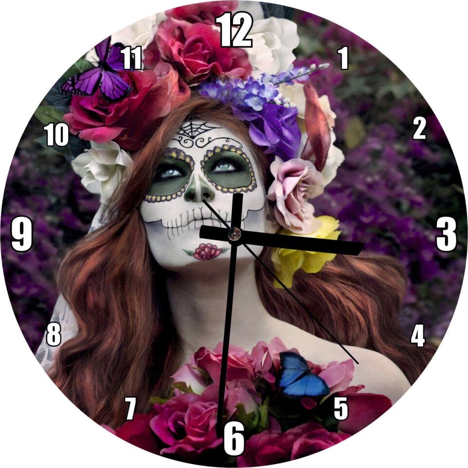 Ölülerin Günü Kadın Çiçekler ve Kelebekler Mdf Ahşap Duvar Saati
