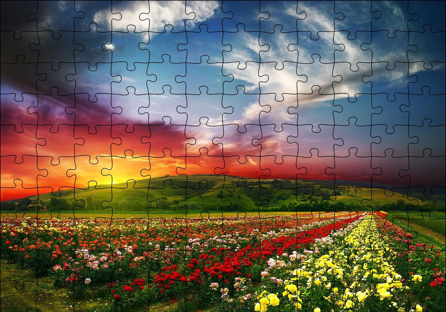 Günbatımında Tepeler ve Rengarenk Çiçekler Puzzle Yapboz MDF Ahşap 120 Parça 24 cm X 34 cm