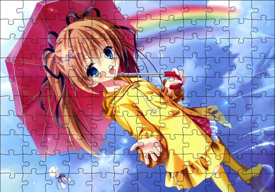 Anime Şemsiyeli Küçük Kız ve Gökkuşağı Puzzle Yapboz MDF Ahşap 120 Parça 24 cm X 34 cm