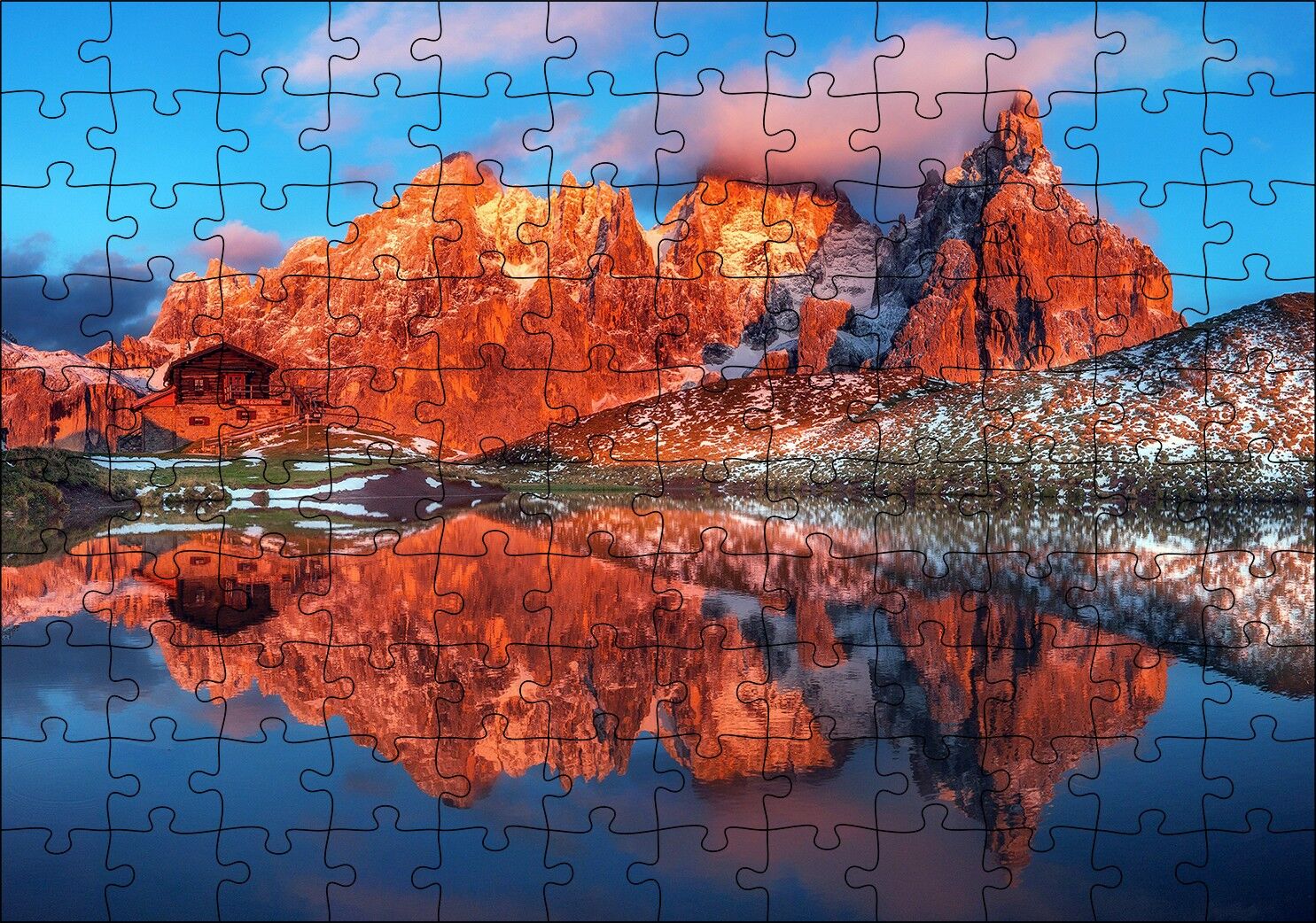 Kızıl Dağlar Berrak Göl Karlı Tepeler Puzzle Yapboz MDF Ahşap 120 Parça 24 cm X 34 cm