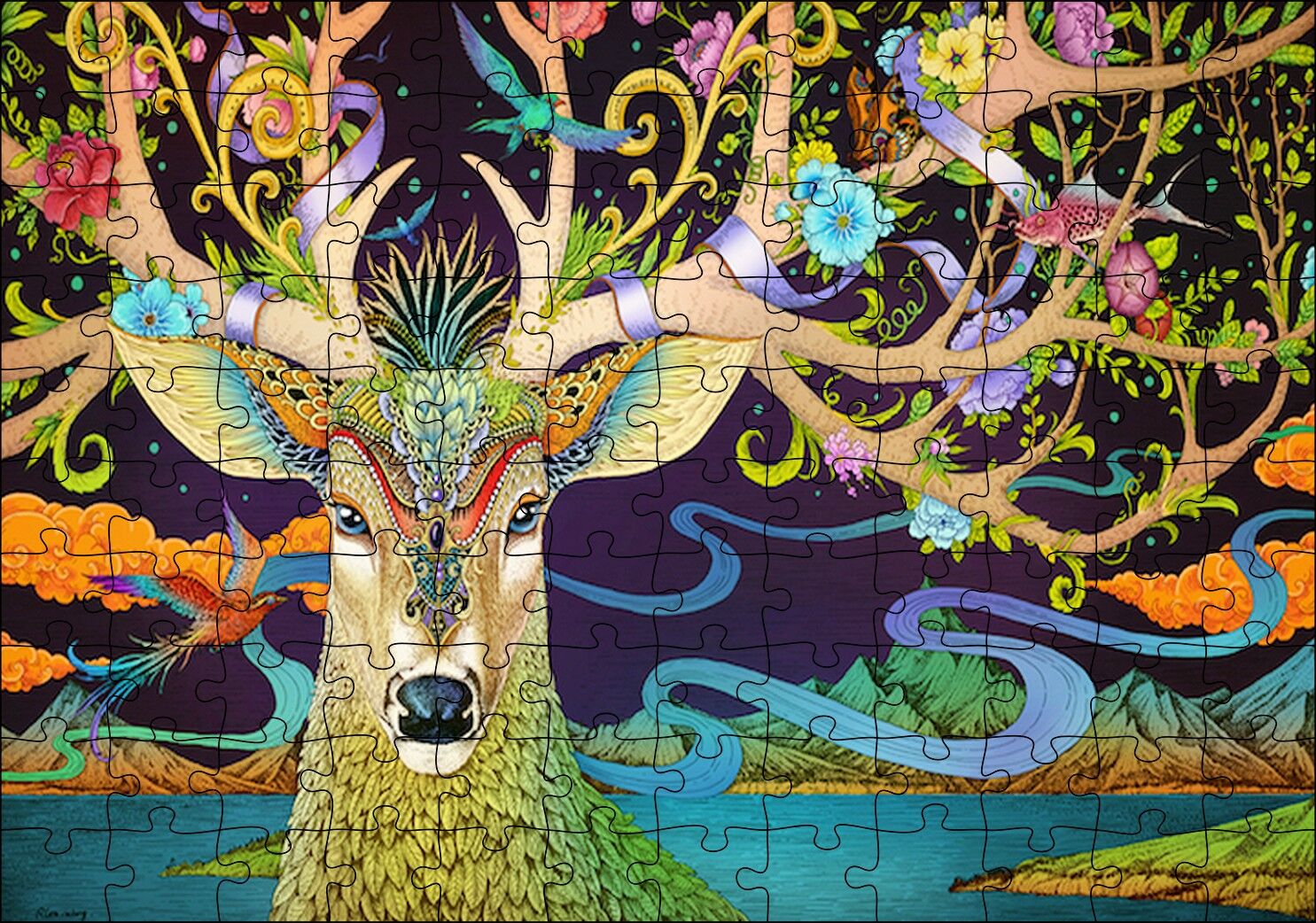 Süslemeli Boynuzlarıyla Geyik İllüstrasyon Puzzle Yapboz MDF Ahşap