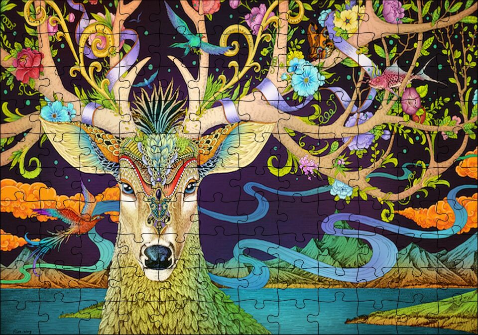 Süslemeli Boynuzlarıyla Geyik İllüstrasyon Puzzle Yapboz MDF Ahşap