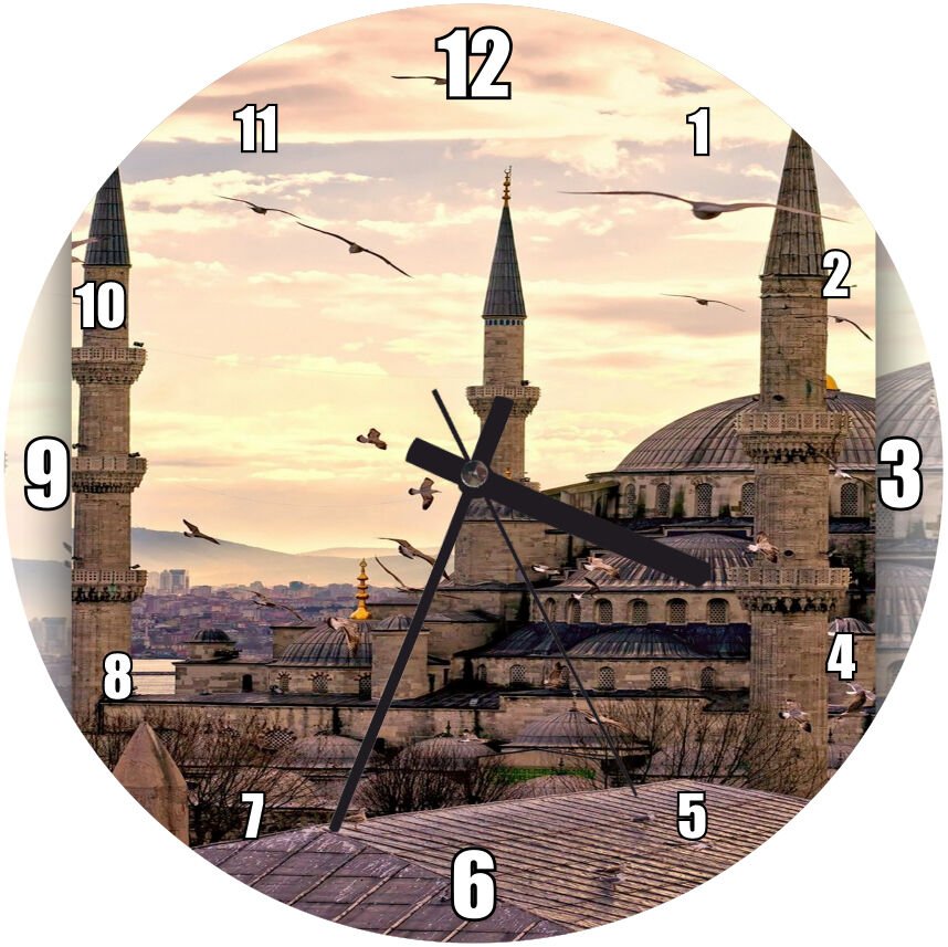 Günbatımında İstanbul Camisi ve Martılar Mdf Ahşap Duvar Saati 30 cm Çap