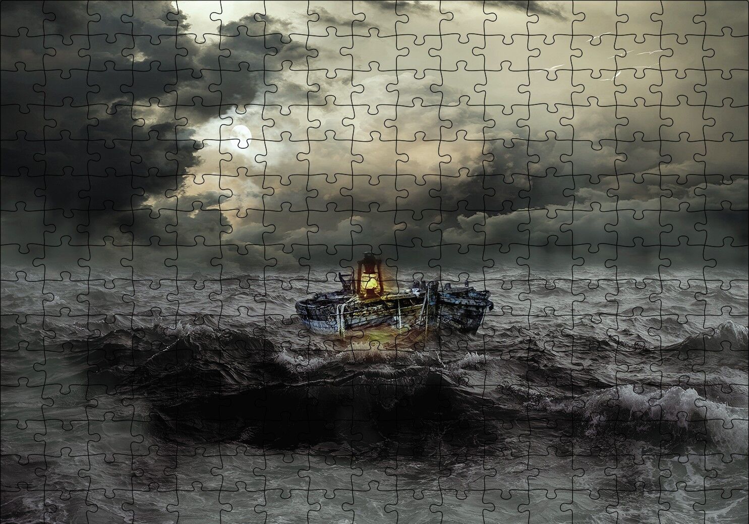 Hırçin Deniz Tekne Karanlık Bulutlar Puzzle Yapboz MDF Ahşap 255 Parça 34 cm X 49 cm