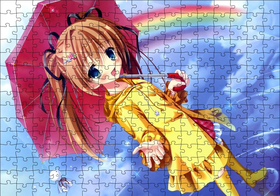 Anime Şemsiyeli Küçük Kız ve Gökkuşağı Puzzle Yapboz MDF Ahşap 255 Parça 34 cm X 49 cm