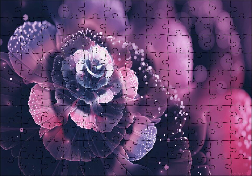 Mor Ve Beyaz Soyut Çiçek Görseli Puzzle Yapboz MDF Ahşap