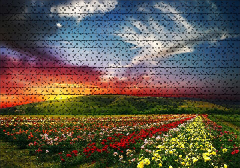 Günbatımında Tepeler ve Rengarenk Çiçekler Puzzle Yapboz MDF Ahşap 1000 Parça 49 cm X 68 cm
