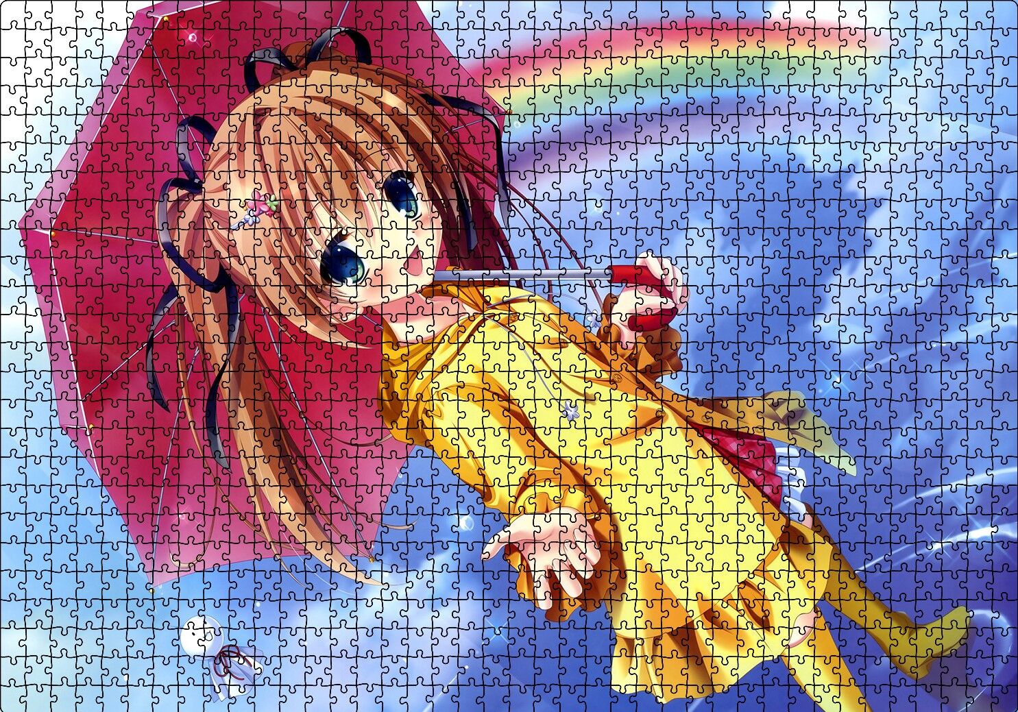 Anime Şemsiyeli Küçük Kız ve Gökkuşağı Puzzle Yapboz MDF Ahşap 1000 Parça 49 cm X 68 cm