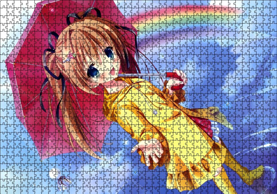 Anime Şemsiyeli Küçük Kız ve Gökkuşağı Puzzle Yapboz MDF Ahşap 1000 Parça 49 cm X 68 cm