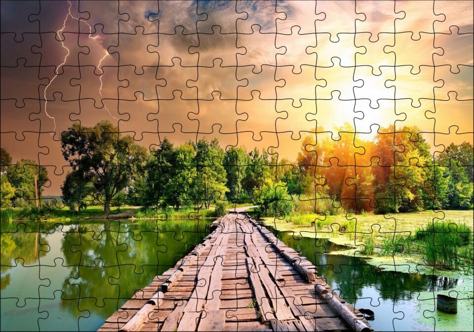 Tahta İskele Şimşekli Gökler ve Güneşli Hava Puzzle Yapboz MDF Ahşap
