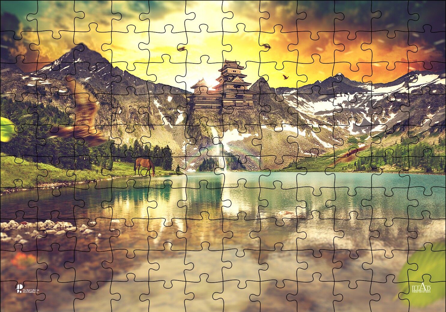 Gündoğumu Tapınak ve Göl Manzarası Puzzle Yapboz MDF Ahşap 120 Parça 24 cm X 34 cm