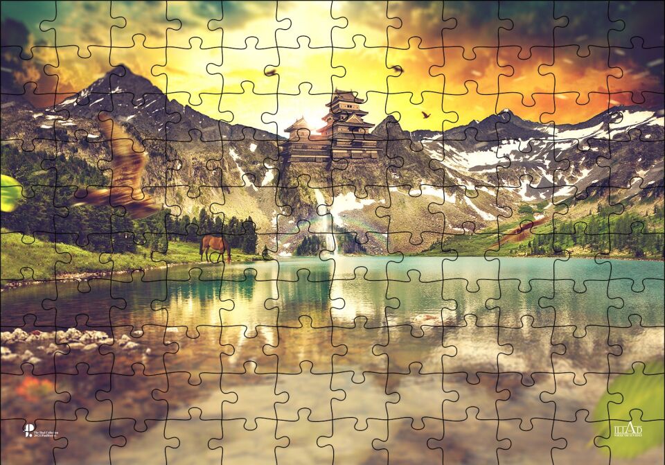 Gündoğumu Tapınak ve Göl Manzarası Puzzle Yapboz MDF Ahşap 120 Parça 24 cm X 34 cm