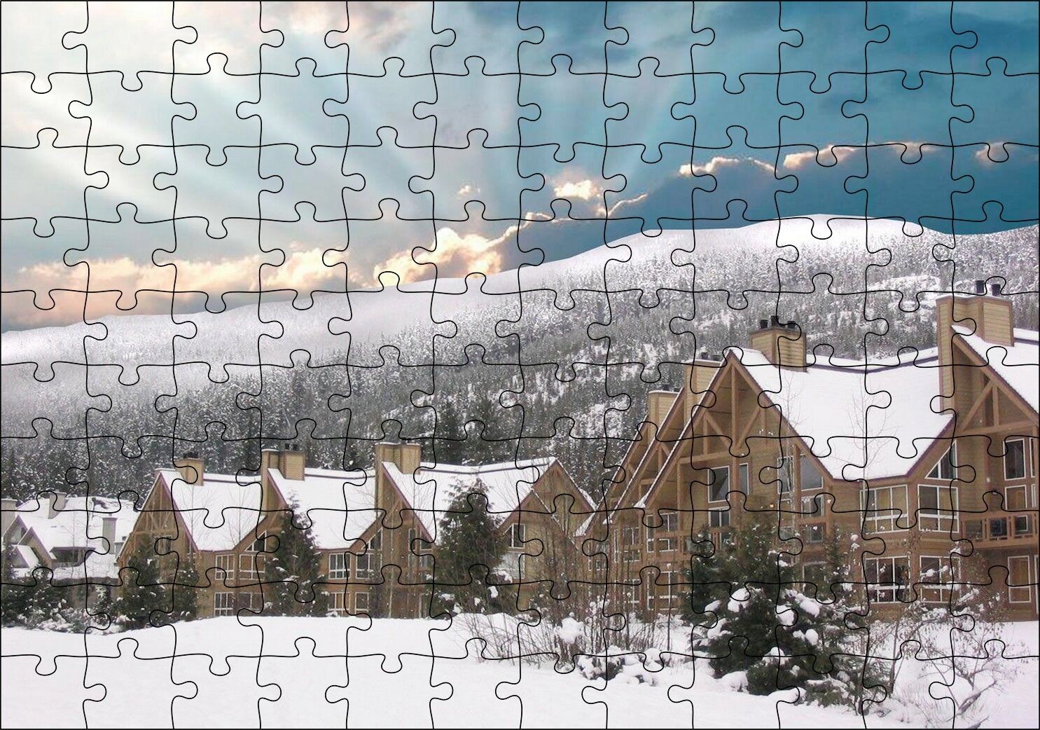 Karlı Tepeler ve Bulutların Ardındaki Güneş Puzzle Yapboz MDF Ahşap 120 Parça 24 cm X 34 cm