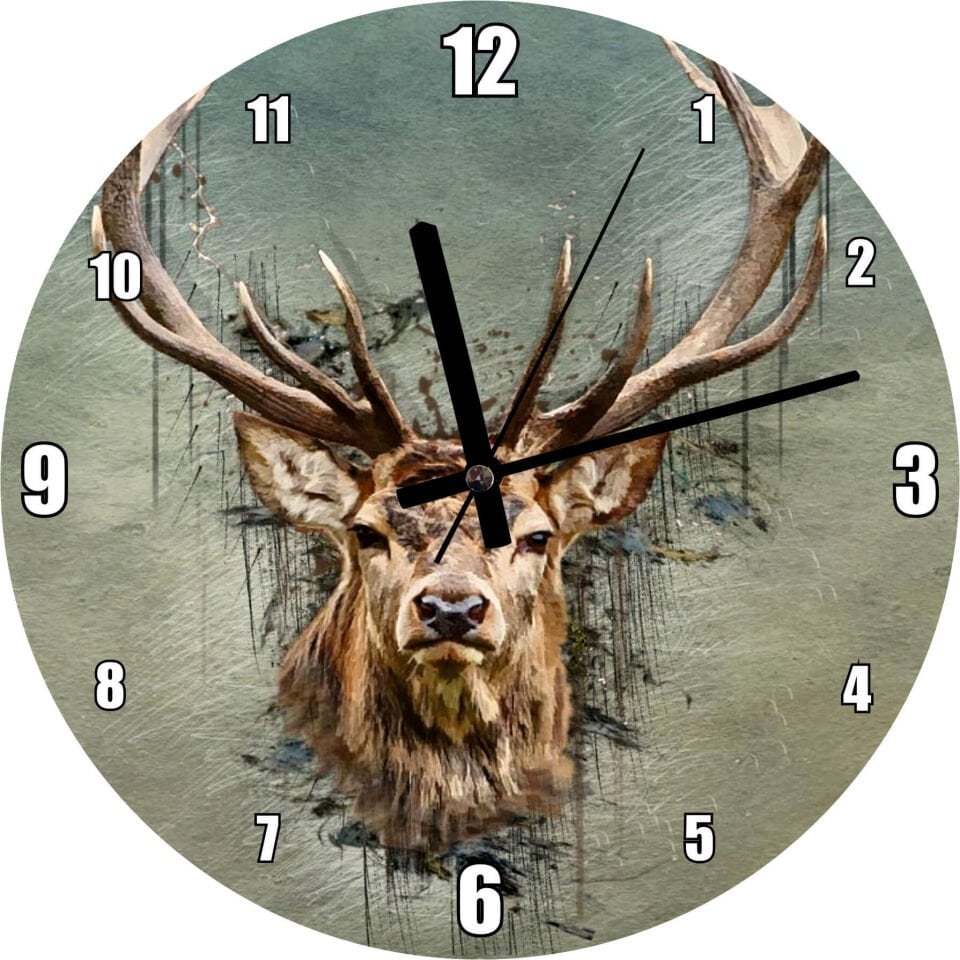 Muhteşem Boynuzlu Geyik Yeşil Zemin Mdf Ahşap Duvar Saati