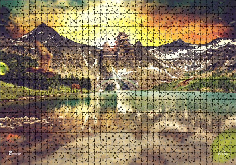 Gündoğumu Tapınak ve Göl Manzarası Puzzle Yapboz MDF Ahşap 1000 Parça 49 cm X 68 cm