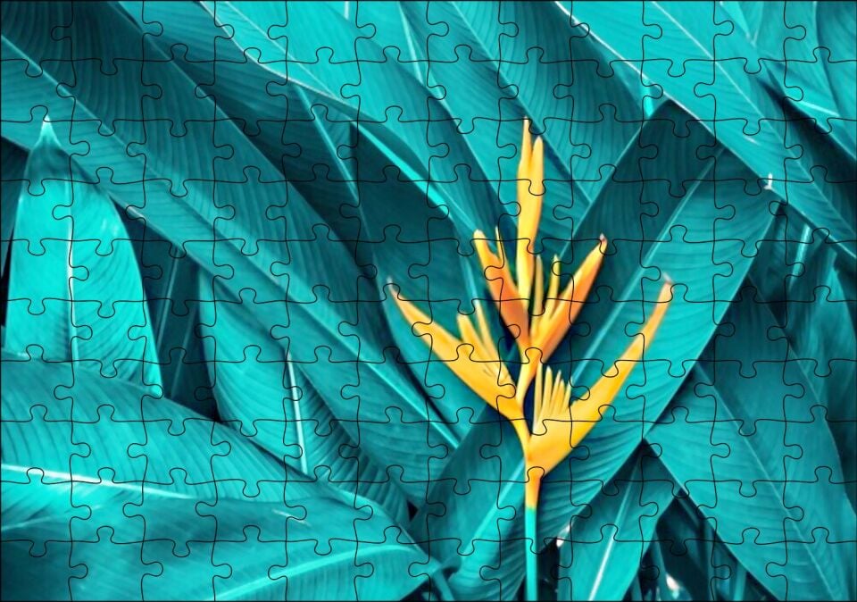 Uzun Yeşil Yapraklar ve Sarı Çiçek Puzzle Yapboz MDF Ahşap