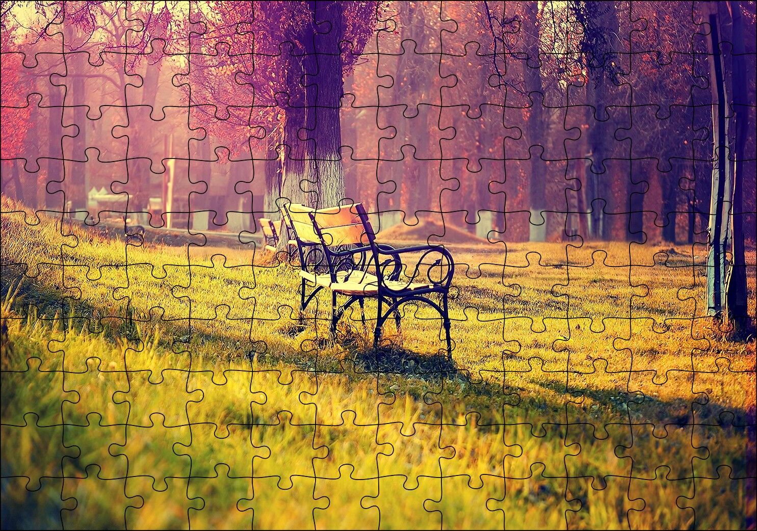 Ağaçlar Bank Doğa Huzur Puzzle Yapboz MDF Ahşap 120 Parça 24 cm X 34 cm