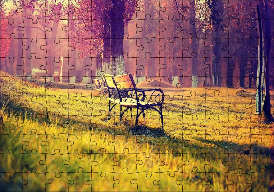 Ağaçlar Bank Doğa Huzur Puzzle Yapboz MDF Ahşap 120 Parça 24 cm X 34 cm