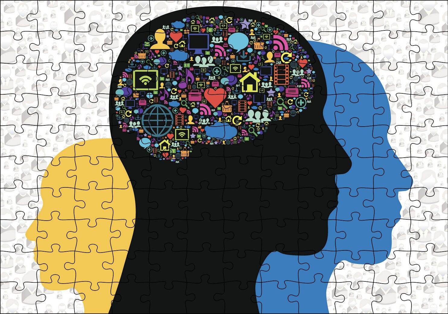 Üç Kafa Silüeti ve Beyinde Rengarenk İmgeler Puzzle Yapboz MDF Ahşap