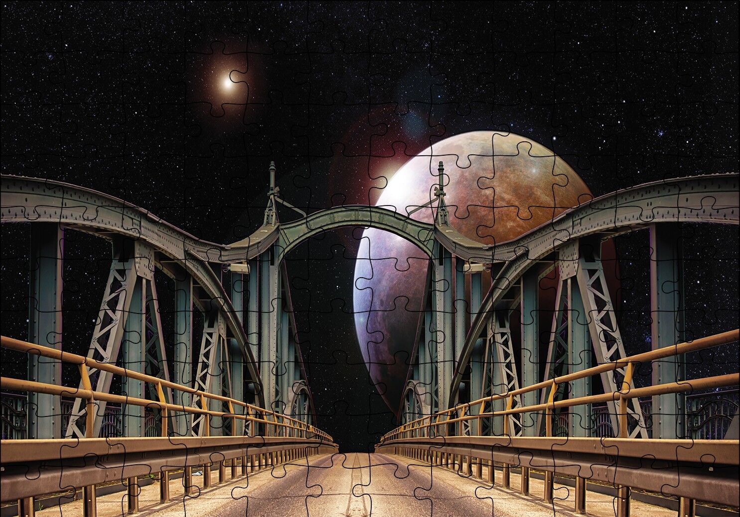 Köprü Gecede Gökyüzü Gezegen Puzzle Yapboz MDF Ahşap