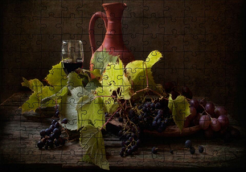Üzüm ve Şarap Sürahi Görseli Puzzle Yapboz MDF Ahşap