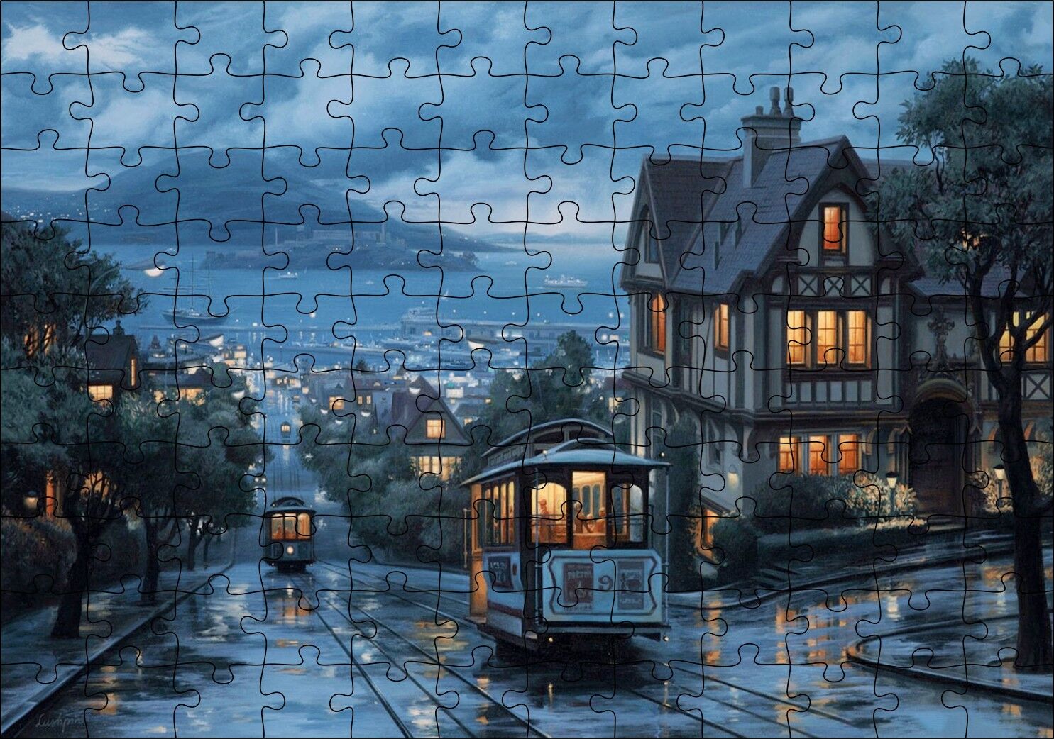 Yağmurlu Sokaklar Tramvaylar ve Gece Işıkları Puzzle Yapboz MDF Ahşap