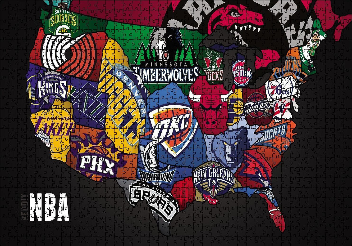 NBA Takım Logoları Puzzle Yapboz MDF Ahşap 1000 Parça 49 cm X 68 cm