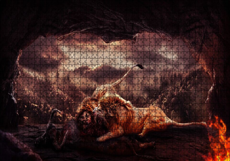 Aslanların Mağarada Dövüşü Puzzle Yapboz MDF Ahşap 1000 Parça 49 cm X 68 cm