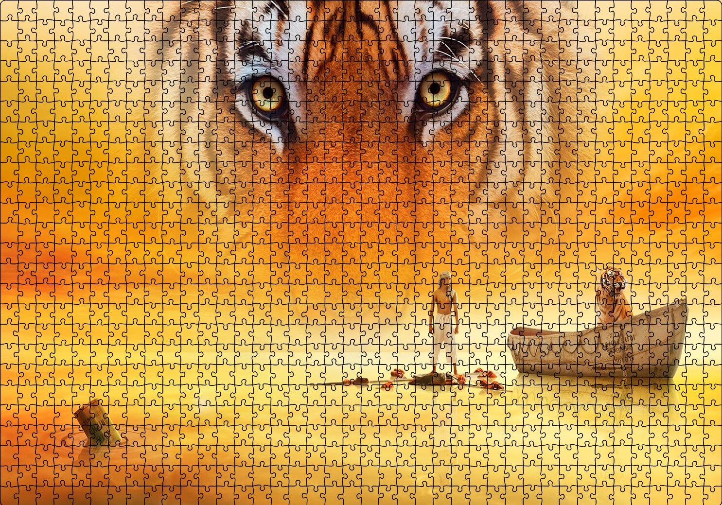 Pi'nin Yaşamı Kaplan Sandal ve Çocuk Puzzle Yapboz MDF Ahşap 1000 Parça 49 cm X 68 cm